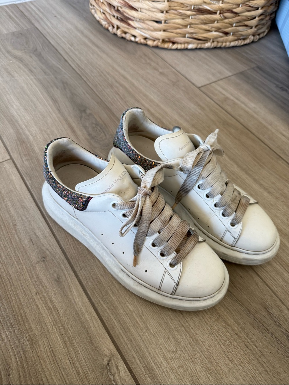 Alexander McQueen White Leather Sneakers with Multicolor Glitter Heel
